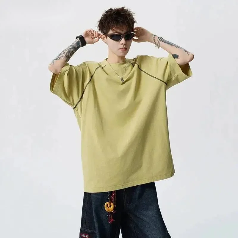 Mesh Techwear Men's Back T-Shirt Breathable Short Sleeve Loose Casual Streetwear Round Collar Summer Pullover Top OYBH