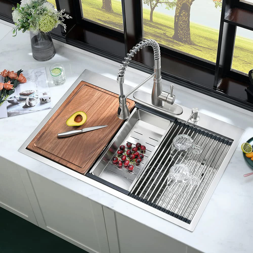 حوض المطبخ الحديث مقاس 30 بوصة، وعاء واحد، حوض محطة عمل Topmount مصنوع يدويًا مع الملحقات