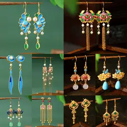 Ethnic Palace Style Flower Tassel Earrings for Women Hand-carved Peacock Blue Gold Color Inlay Gemstone Luxury Banquet Jewelry
