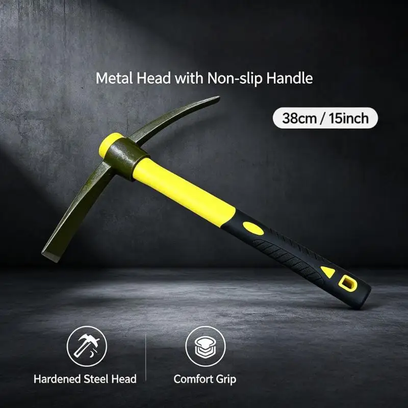 1-Piece 15-Inch Mattock Hoe Set With Yellow Fiberglass Handle - Durable Garden Tool For Soil Loosening And Cultivation