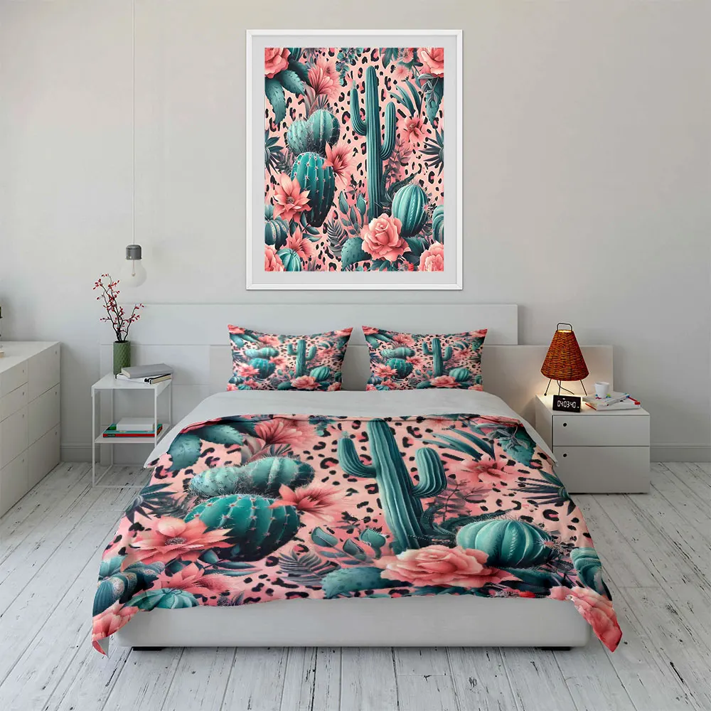 Pink and green cactus floral background Print Soft Comfortable Duvet Cover Bedding Set Included 1*Duvet Cover  2*Pillowcases