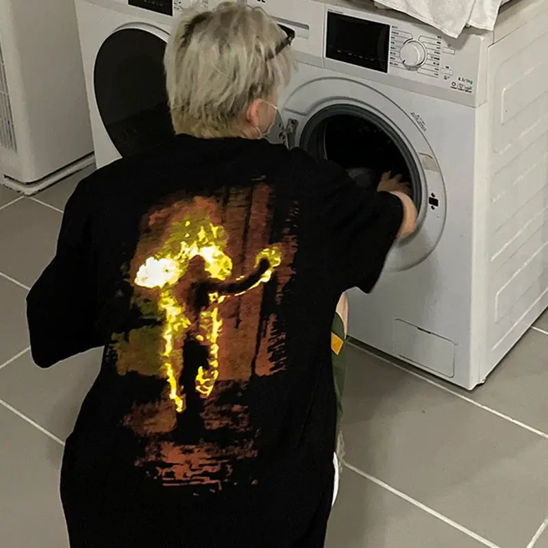 Vintage Trendy Oversized T‑Shirt, Fire Graphic Print Loose Casual Couple Short Sleeve Top, Streetwear Plus Size Tee Men Women