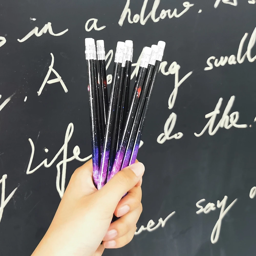 10 Pcs Starry Sky Pattern Pencil Elementary school stationery prizes High aesthetic pencil with eraser Wooden Exam sketching pen