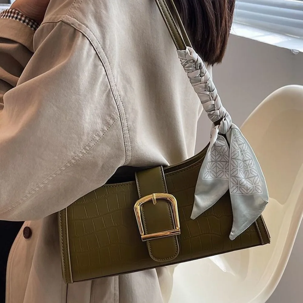 

Simple Vintage French Stick Bag with Scarf Handbag Underarm Bag French Style Fashion PU Leather Shoulder Bag Outdoor