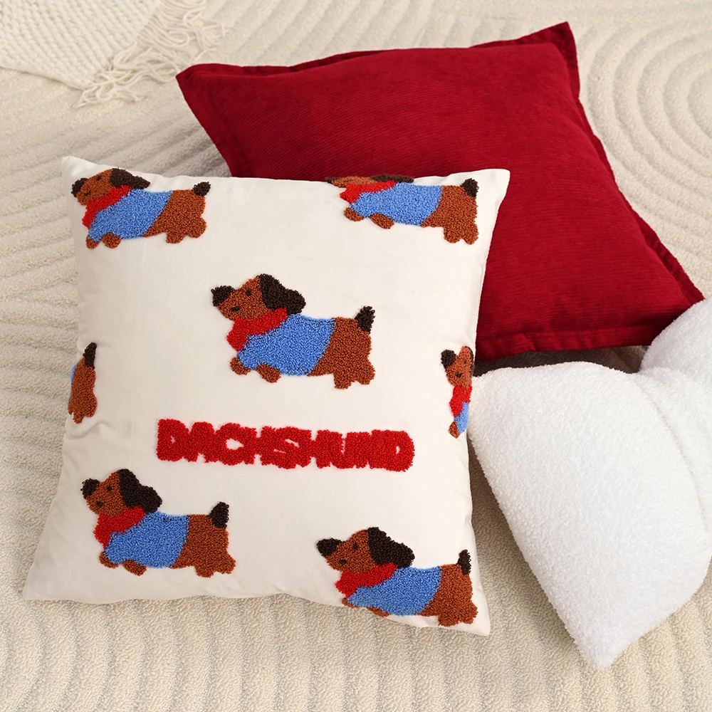BUYNOW 1PC Dog Embroidery Solid Color Corduroy Pillowcase Cute Country Cottage Living Room Sofa Cushion Cover Home Bed Decor