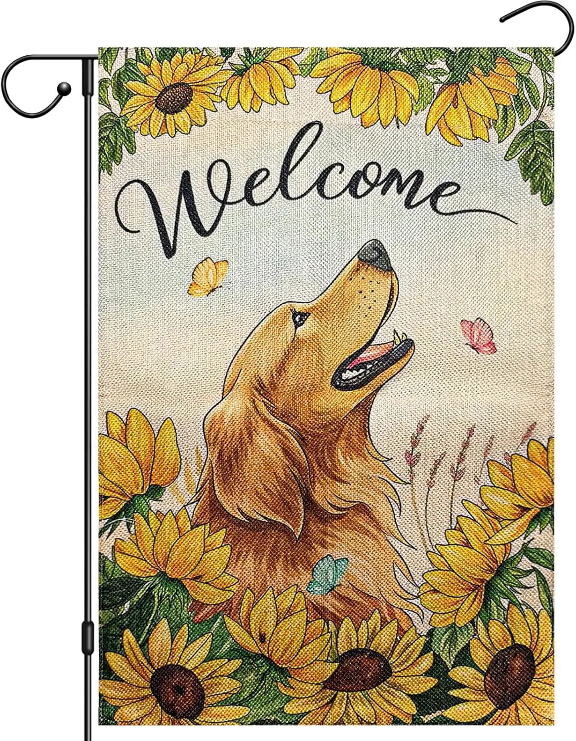 Welcome Summer Dog Garden Flag 12x18 Double Sided, Golden Retriever Dog Butterflies Sunflowers Garden Flags for Seasonal Out ZZM
