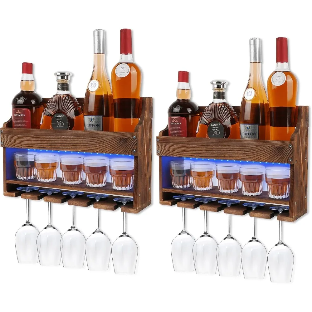 

Wall-Mounted Wooden Wine Rack with LED Lighting, Bar Shelf, and Wine Glass Holder