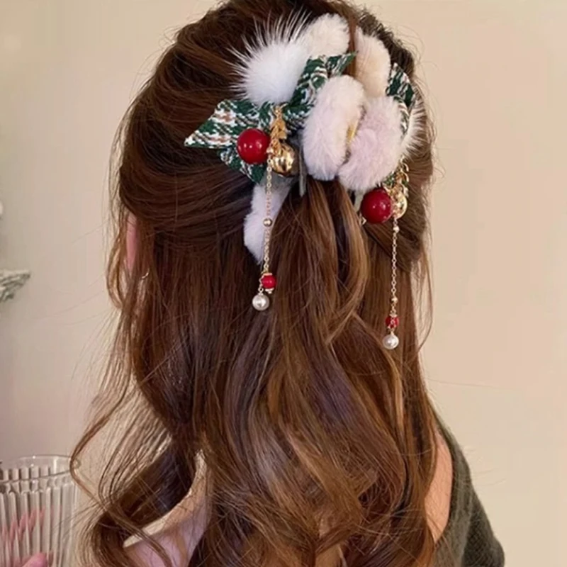 Pinzas para el pelo con lazo de felpa de Navidad para mujeres y niñas, horquilla con borla de campana bonita, accesorios para el pelo para fiesta de año nuevo, decoración de moda