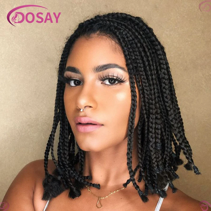 Wig kepang depan renda penuh Wig sintetis 10 "kotak tanpa simpul Bob pendek Wig kepang Cornrow Lace Wig hitam rambut kepang