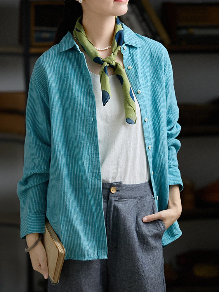 

Gujia 00 Colors Woven Linen Long Sve irt Original Artistic Loose Slimming Top for Women Casual Wear Button Plaet Stri...