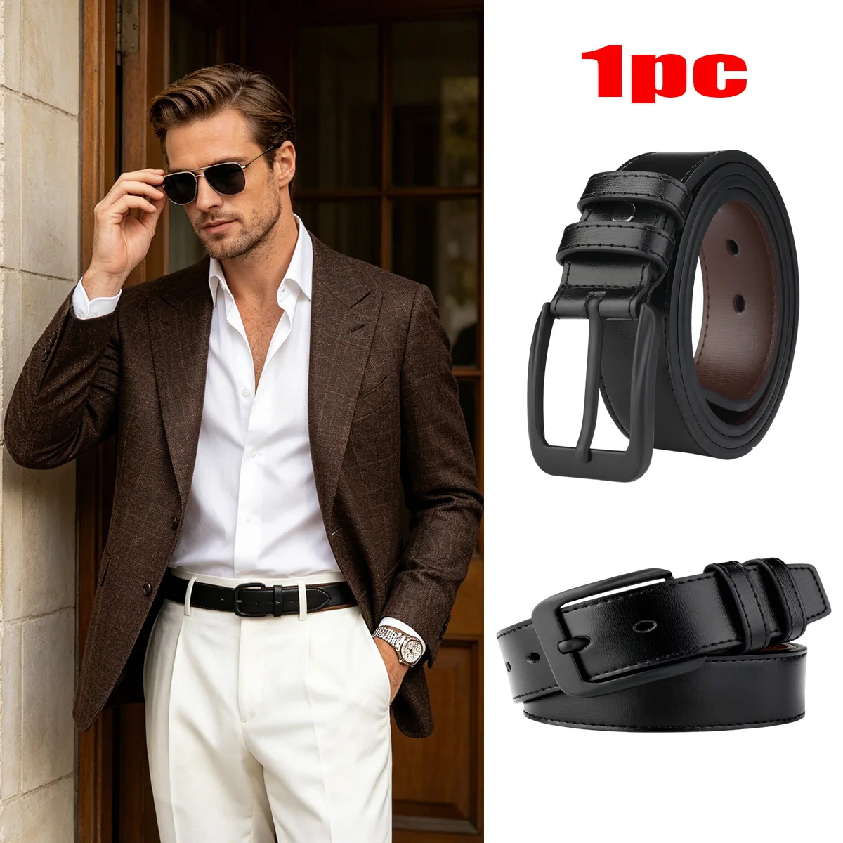1pc men's matte black needle buckle two-layer cowhide belt smooth belt, suitable for suits, business office daily clothing