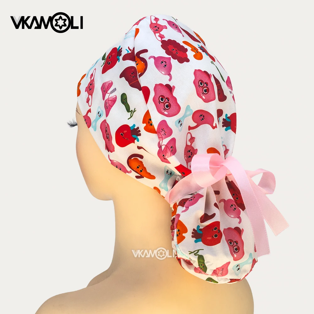 Medical Anatomy Cartoon Scrub Cap Long Hair Surgical Hat for Women Nurses Doctors Hospital Work hat