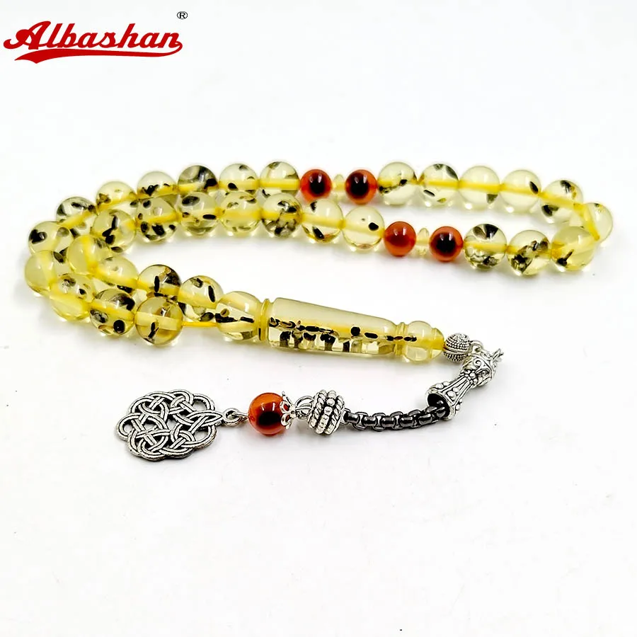 Tasbih de resina de sésamo con ágata roja natural en el interior, pulsera árabe misbaha de ágata negra, accesorios de regalo para la mano