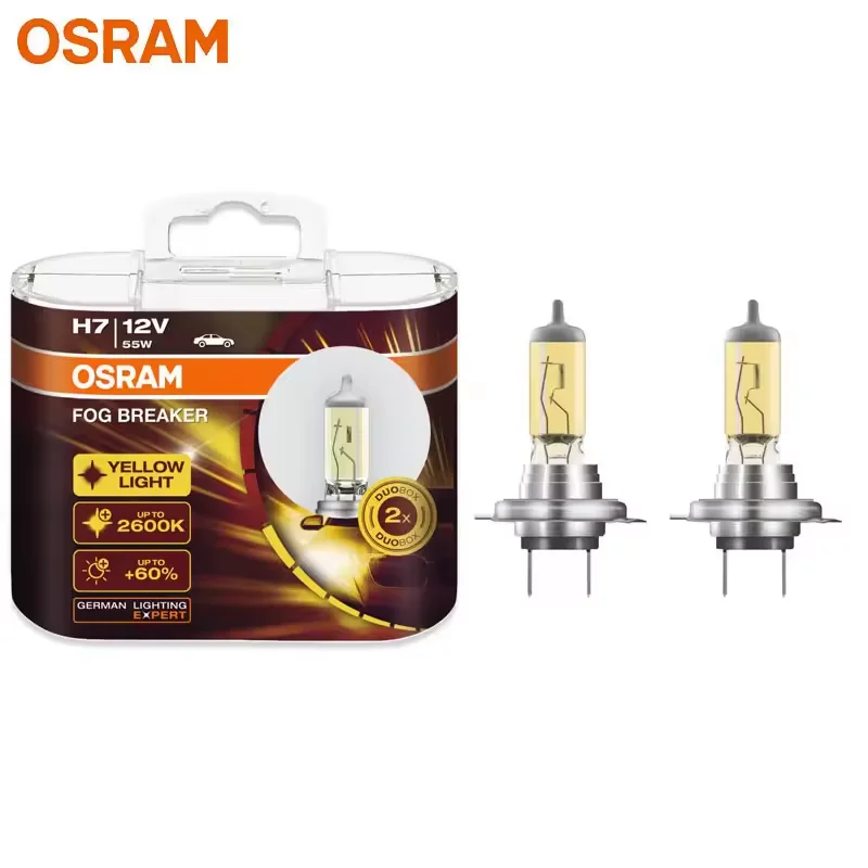 OSRAM H7 62210FBR 12V 55W 2600K Xenon Yellow Halogen Lamps,200% Bright Yellow Light 60% Clearer Car Fog Headlight Bulbs Pair