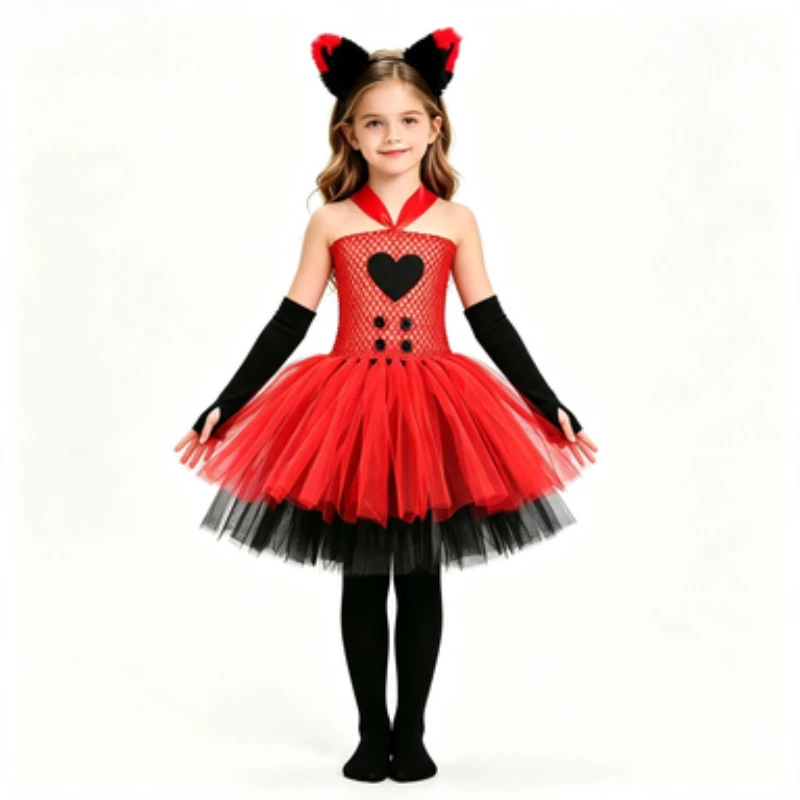 Girls' Devil Themed Tulle Tutu Dress, Black-Red Halloween Outfit, Anime Style Mesh Princess Gown, Suitable For Carnival Parties