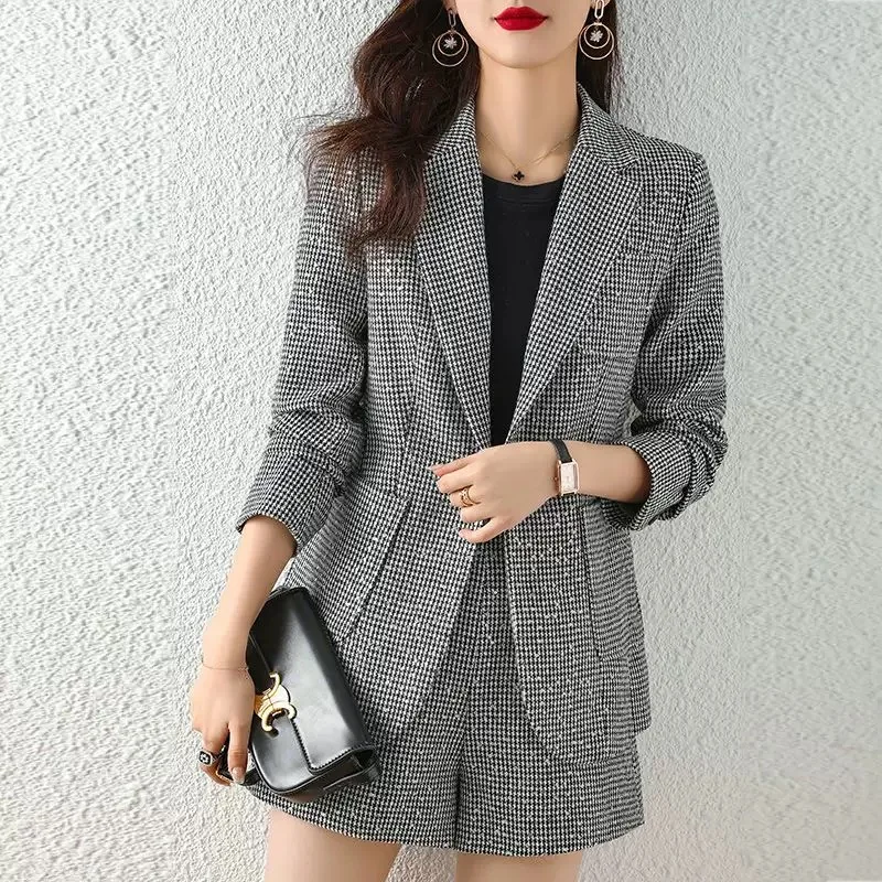 Spring Fall Plaid Sequins Suits Office Full Sleeve Blazer Jackets Conjuntos High Waist Short Pants Outfits Elegant 2 Pieces Sets