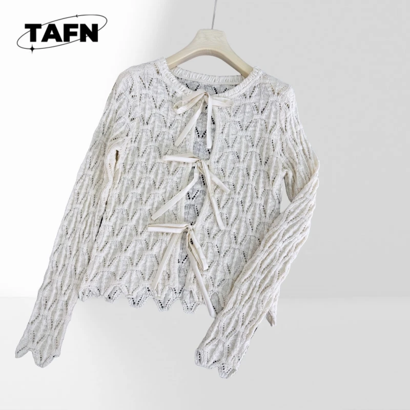 100%Cotton Women Knit Cardigan Multiple Bow Tie Front Long Sleeve Scalloped Thin Cropped Sweater French Chic Spring  BG1754