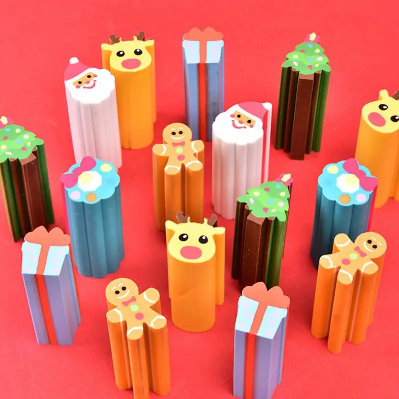 Christmas Erasers For Kids Set Of 6 Long Novelty Christmas Erasers Colorful Santa Pencil Erasers Cute Christmas Tree Erasers 3D