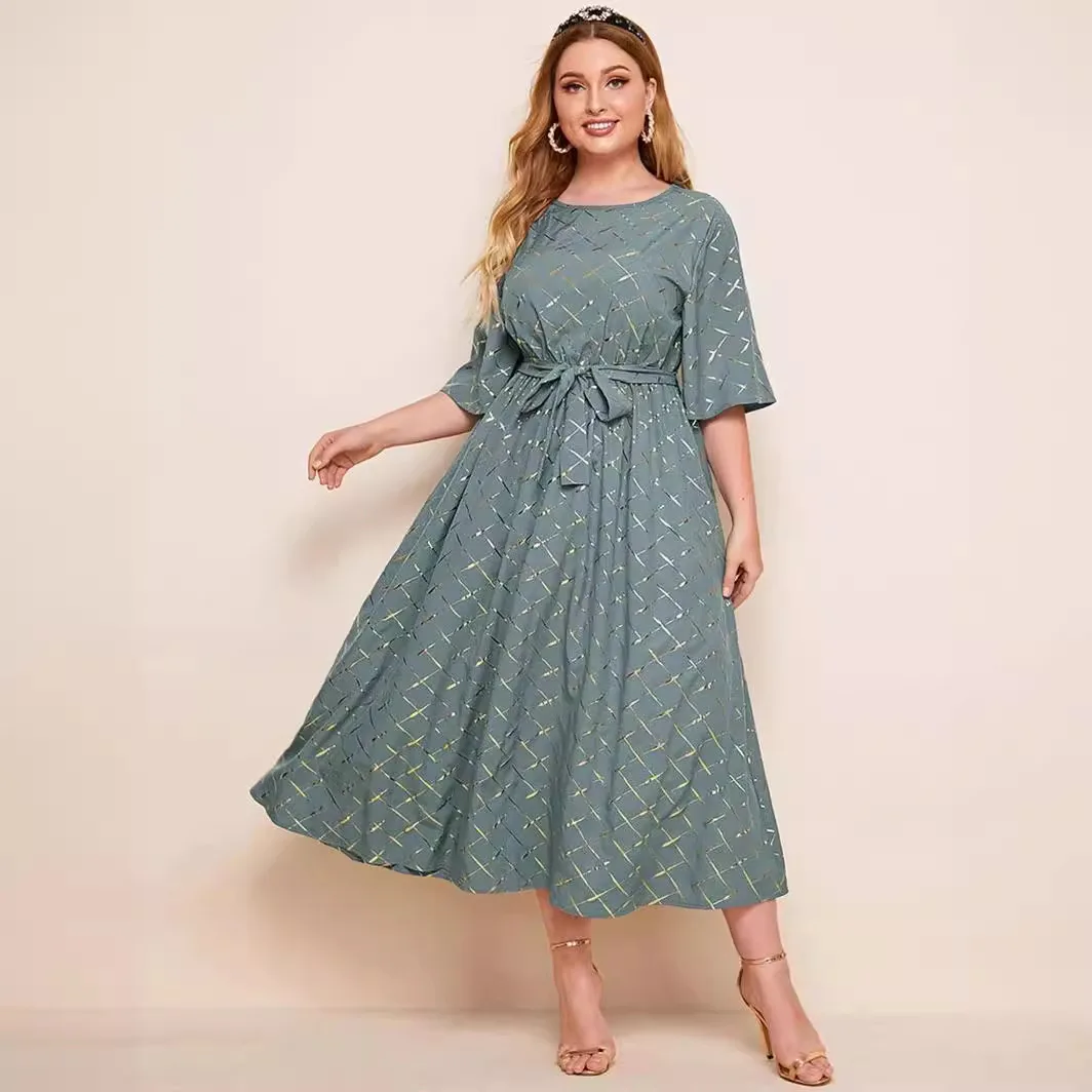 

Plus Size Checkered Sage Green Maxi Dress Oversized Plaid Half Sleeve Ankle Length Flowy Dress for Office Lady