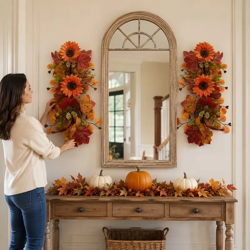 1-5pcs Thanksgiving Door Decor Autumn Sunflower Maple Wreath Butterfly Vine for Friend Family Housewarming Gift Celebration