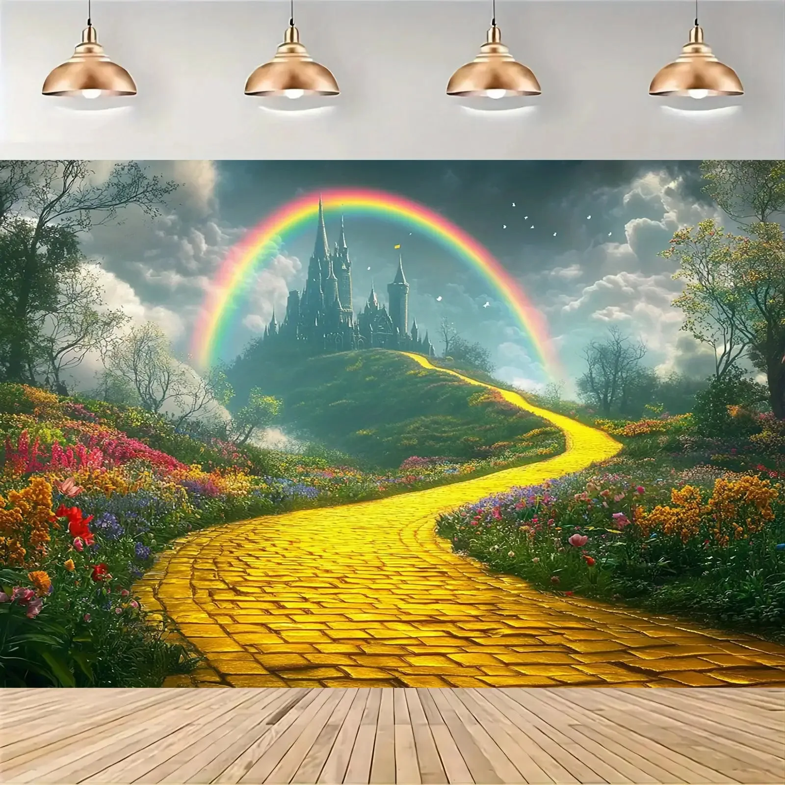 Enchanted Castle & Yellow Brick Road Backdrop Banner - Fantasy Landscape with Castle, Rainbow, Floral Pathway - Large Party Deco