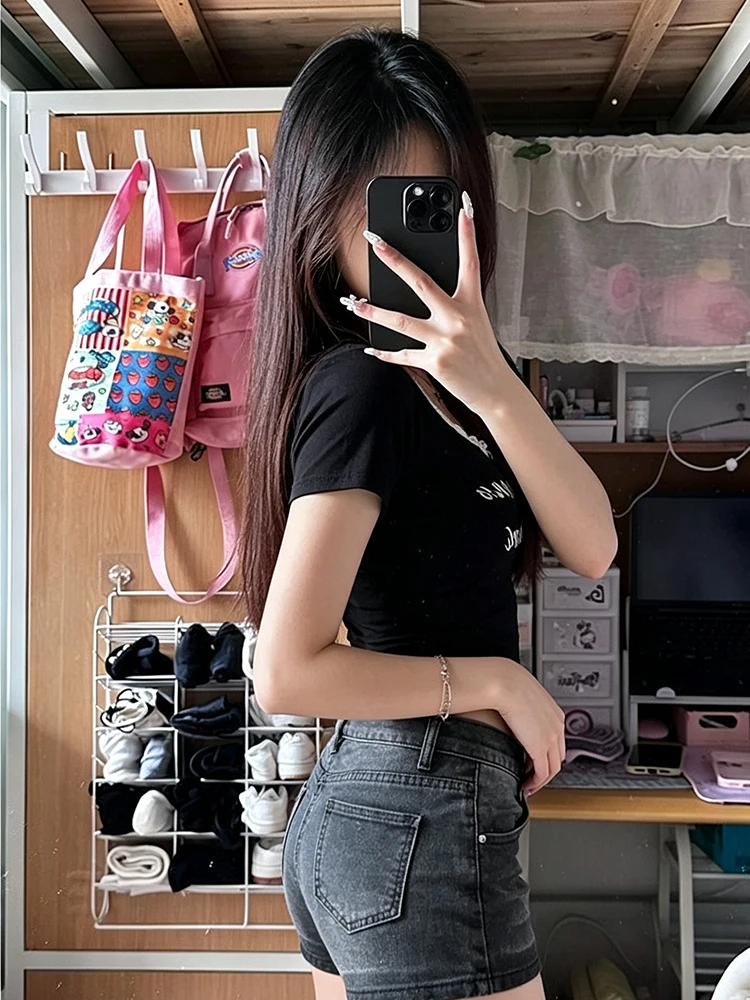 Vintage ground white striped printed denim shorts, women's low waist double button slim short denim hot pants