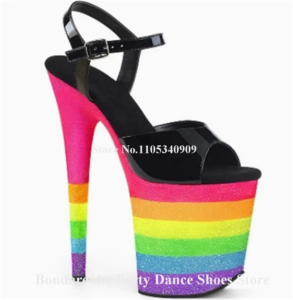 Bondarenko Charming Colorful Stripes High Platform Stiletto Heel Sandals Peep Toe Black Patchwork 20cm Thin Heel Dance Shoes