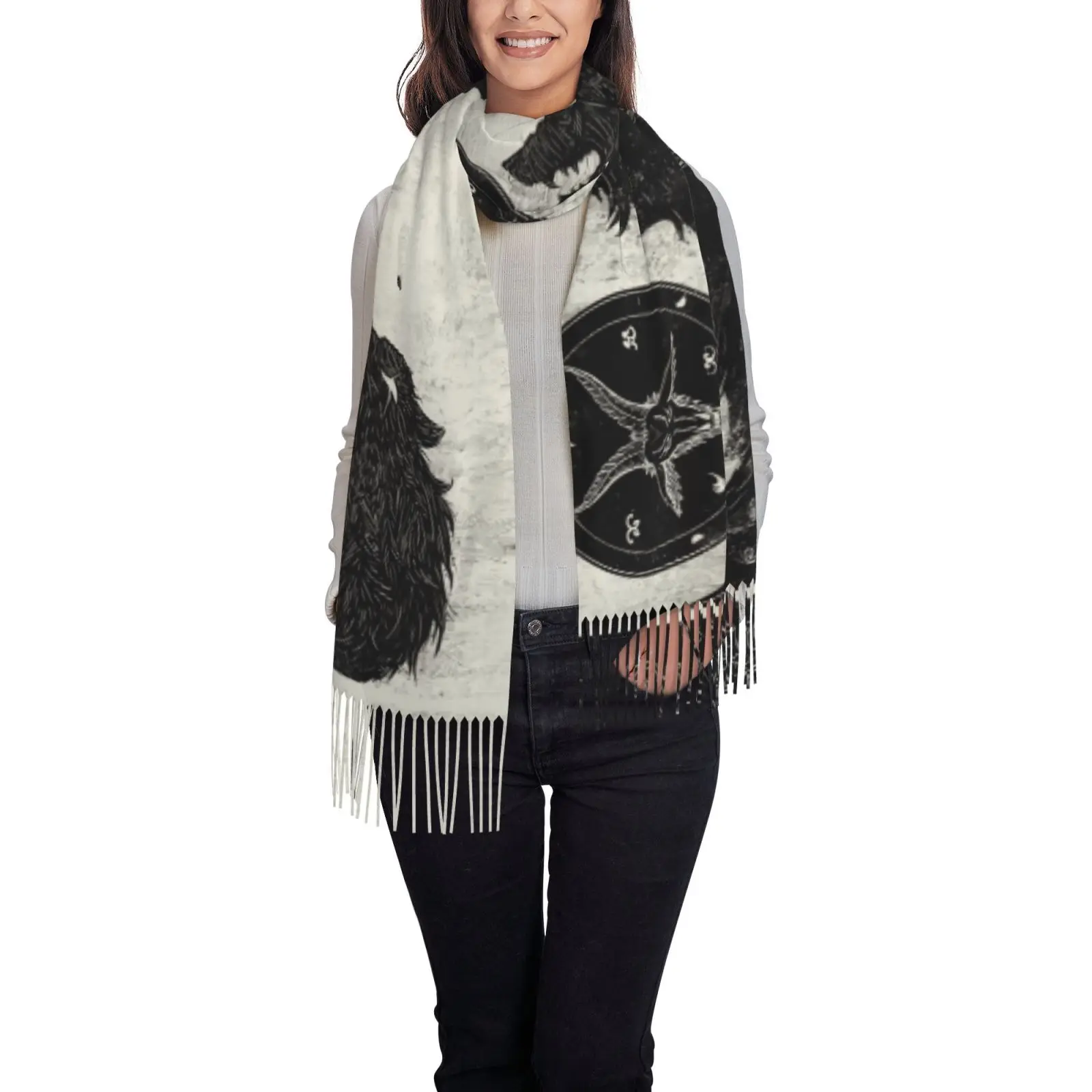 Mystery Wolf Print Tassel Shawl for Women Soft Warm Large Wrap Scarf Lightweight Fall Winter Occult Theme Stole