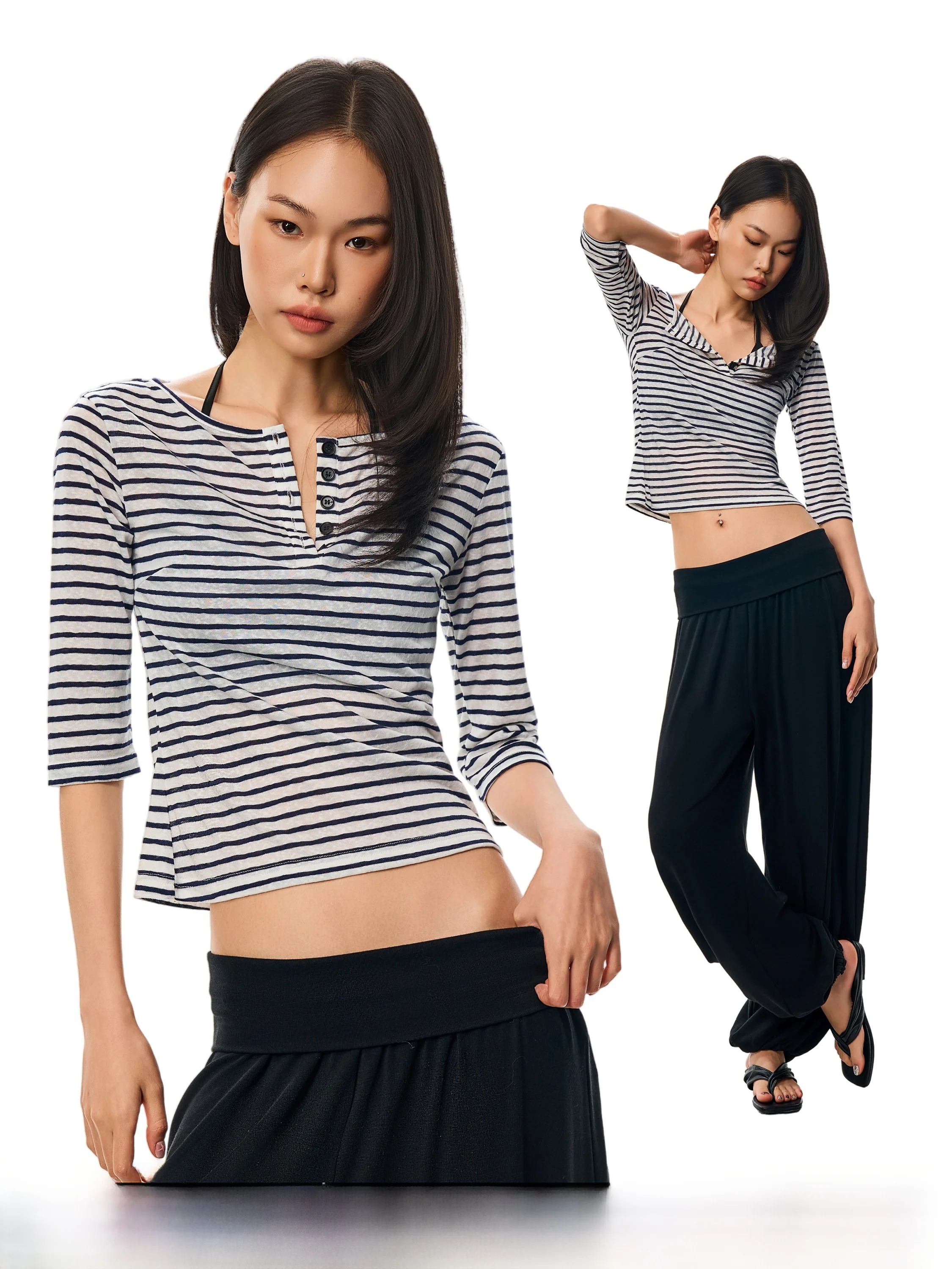 Gogo Burn American Style Thin Seven-Quarter Sleeve T-Shirt Women's Short Design Striped Top Casual Waist-Cinching Polyester B...