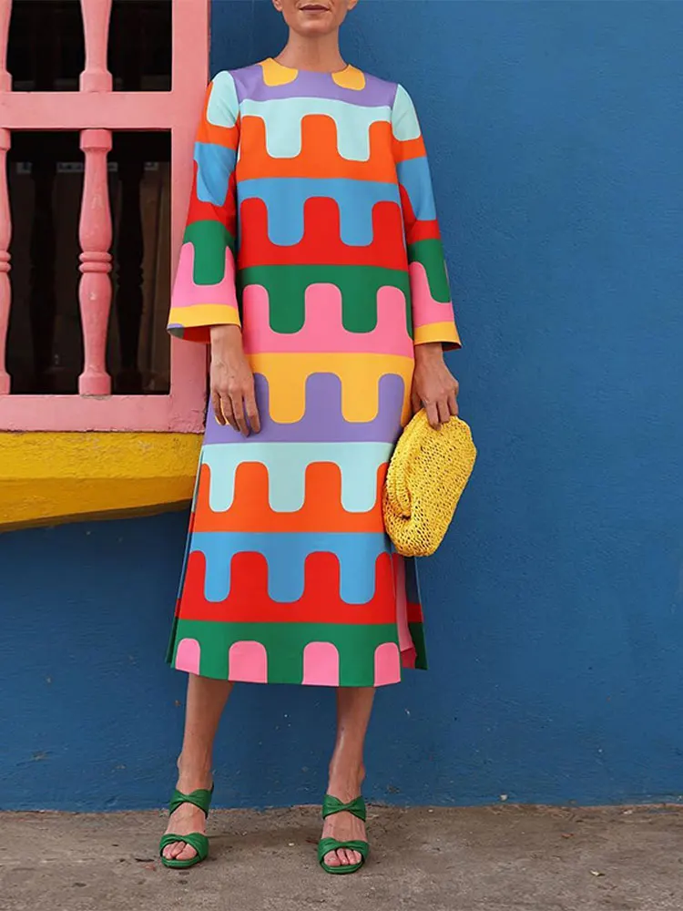

Женское Повседневное платье с длинным рукавом и разрезом, свободное платье средней длины контрастных цветов в стиле пэчворк с круглым вырезом, 2024