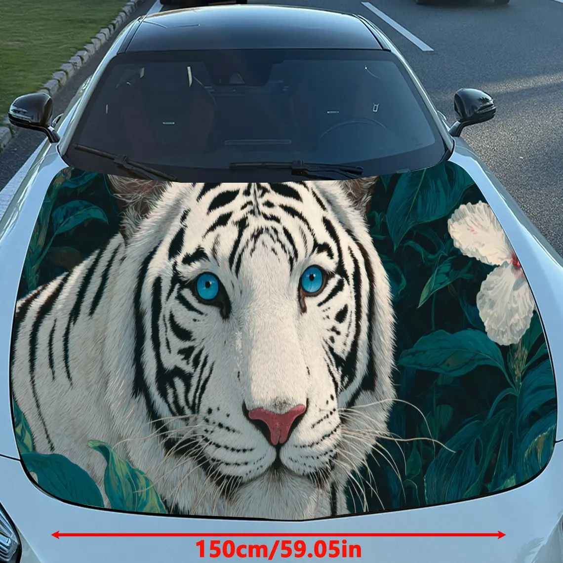 Stunning White Tiger with Piercing Blue Eyes PVC Car Engine Hood Vinyl Wraps, Self-Adhesive Waterproof Car Hood Decal Sticker, C