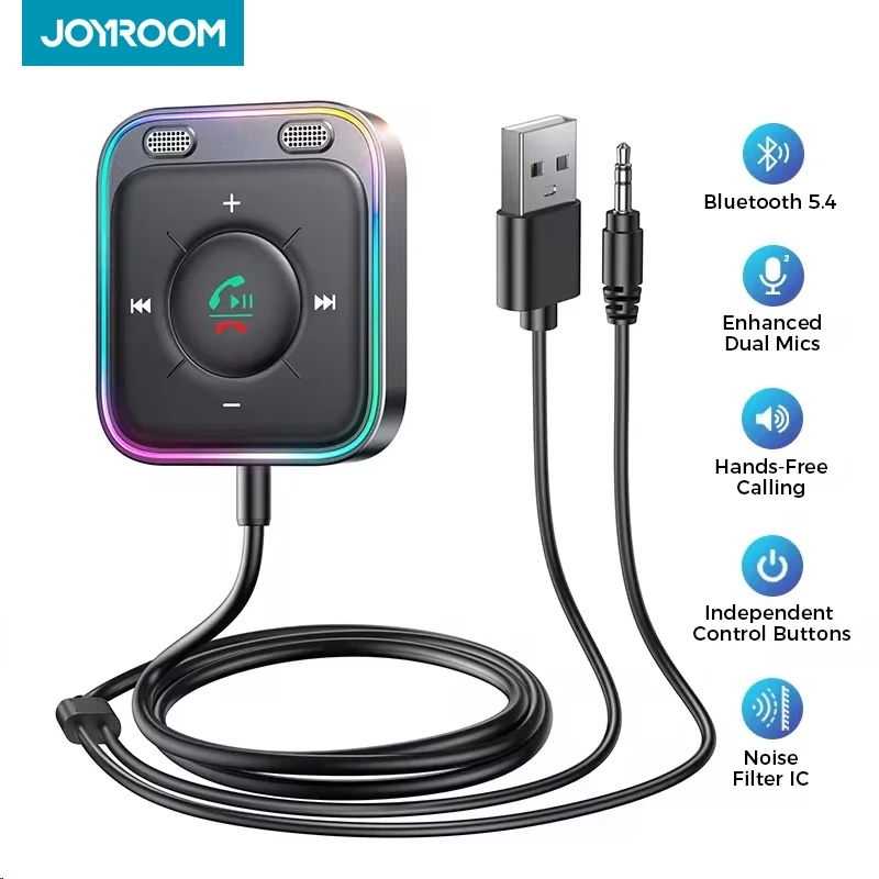 JOYROOM Bluetooth 5.4 AUX カーアダプター デュアルマイク Bluetooth レシーバー 車用ハンズフリー通話 自動音楽ステレオ ステレオオーディオ