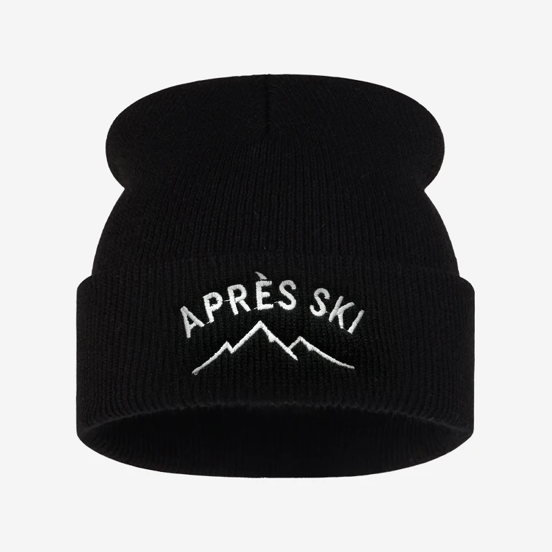 Après Ski Embroidered Beanie, Mountain Cuffed Knit Hat, Warm Winter Ski Cap for Men Women, Snowboarding Ski Resort Vacation