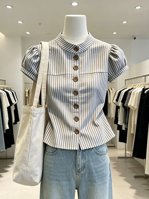 

plus Size Elegant Shirt Women's Summer 2026 New Style Striped Slim Fit Button up Short Sleeve Stand Collar Korean Version