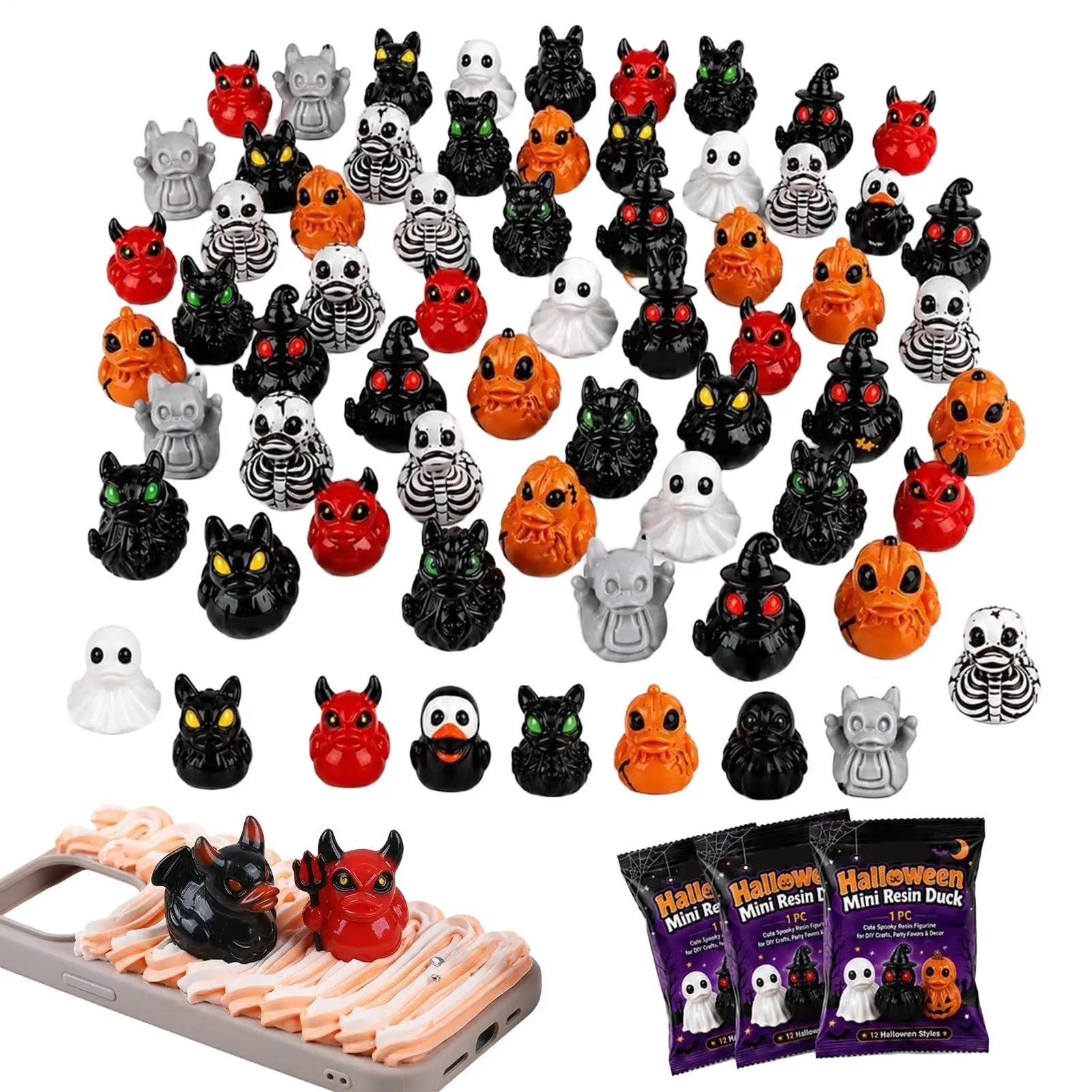 Halloween Mini Figures 60 Pieces Spooky Cute Ghost Pumpkin Duck Tiny Halloween Figurines Duck Decor for Home Bedroom Living Room