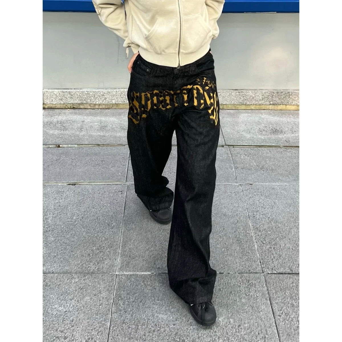 Calças Jeans Unissex de Perna Reta Estilo Hip Hop High Street com Estampa de Leopardo e Bordado de Estrela de Cinco Pontas, S...