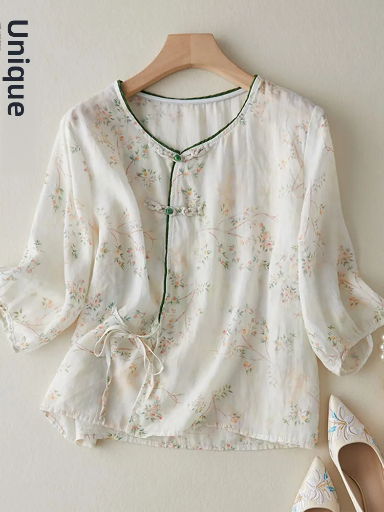 

Artistic Countryside Floral Print Thin irt Large Size Women's Side Buttoned Belted V-Ne Five-Quarter Sve Anti-Aging To...