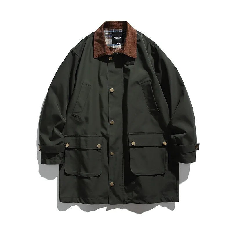

Spring Autumn Man Windbreaker Mid-length Turn Down Collar Male Outerwear Single-breasted Loose Outdoor Windproof Men Jacket
