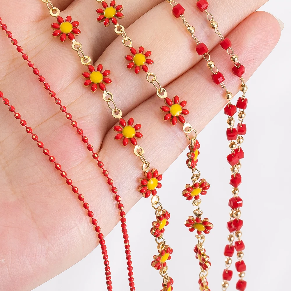 1Meter Red Enamel Copper Chain Daisy Flower Square Beaded Chains for DIY Necklaces Bracelets Jewelry Making Accessories