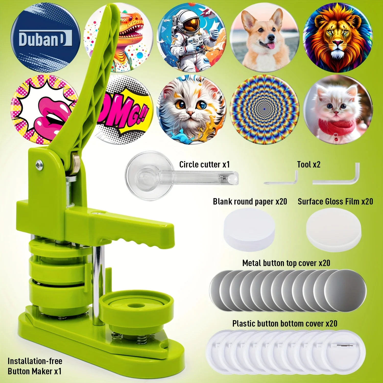 58mm Button Maker Machine -Free Installation, DIY Pin brooch machine Badge Press with 20 Button Parts, Pictures, Circle Cutter.