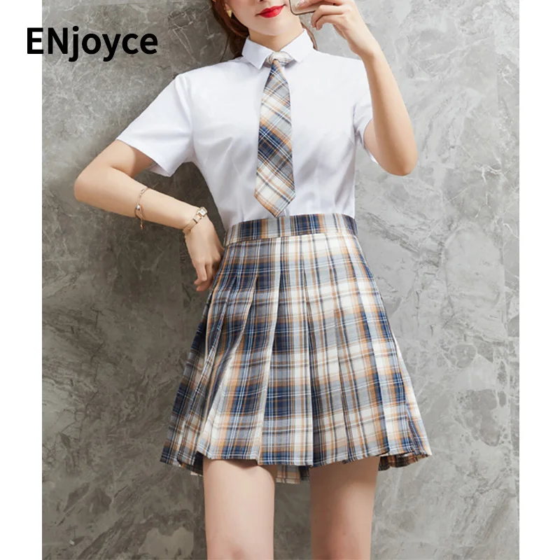 Women Professional Slim White Shirt and Check Pleated Skirt Summer Short Sleeve Work Wears Two Pieces Sets Uniform Suits