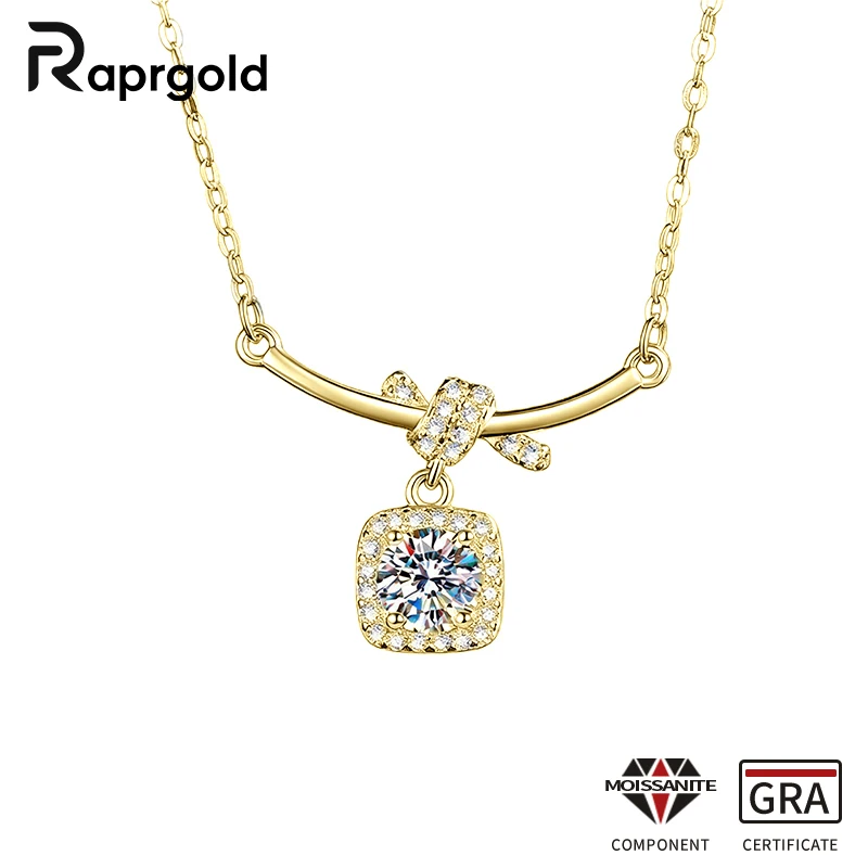 

RAPRGOLD Round Moissanite Retro Sweet Ribbon-motif Pendant Necklaces for Women Chains Friend Neck Jewelry Gifts with Certificate