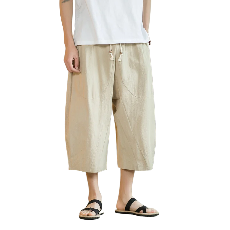 Zomer grote maat 3-punts broek heren strandbroek losse katoenen en linnen casual broek wijde pijpen 3-punts broek heren