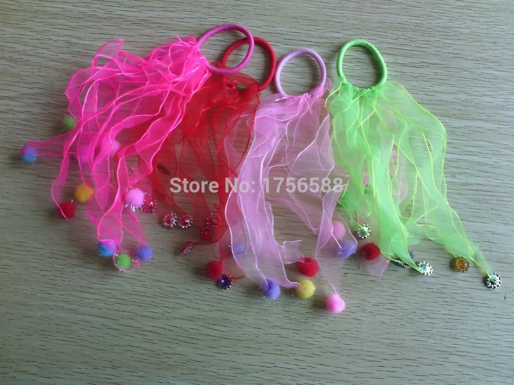 New Fashion Women mutil- Color Satin Ribbon Crystal Ball Hair Band Rope Scrunchie Ponytail Holders