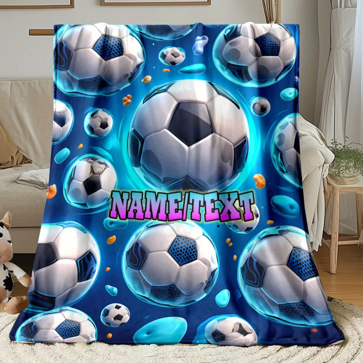 Personalisierte Fußball-Überwurfdecke, individueller Name, Geburtstag, Hochzeit, Geschenk für Fußballfans, weiches Flanell für Couch, Camping, Büro