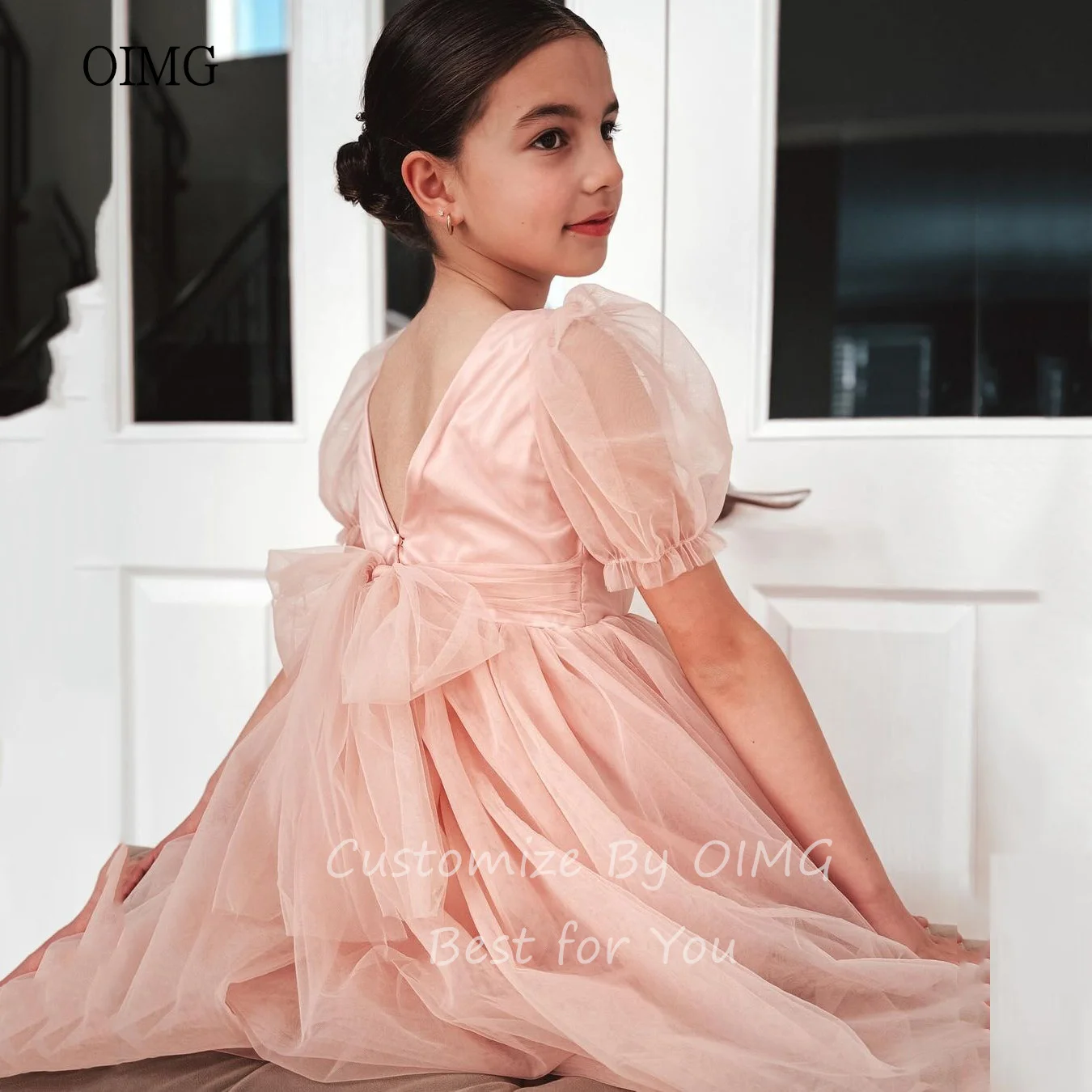 OIMG A-line Flower Girl Dresses Puff Sleeves With Bow Gown Wedding Party Dress Tulle Princess Birthday Dress Customized