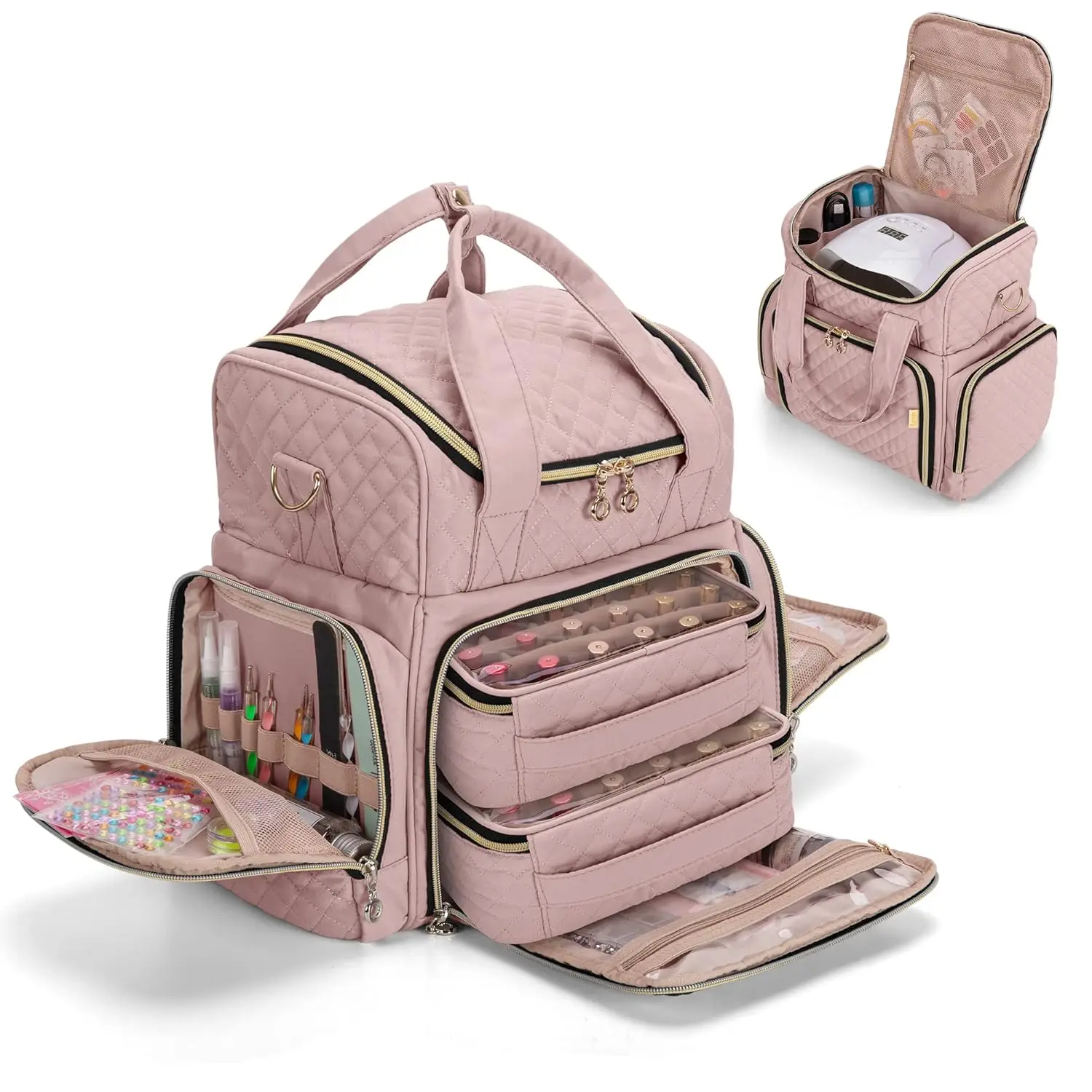 

48 Bottle Nail Polish Organizer with Lamp Storage, 2 Removable Cases & Tool Pockets - Pale Rose