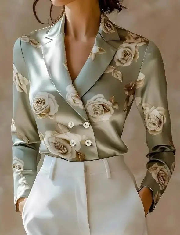 

Woman Blouse 2025 New Spring Autumn Fashionable Flower Printed Double Breasted Turn-Down Collar Long Sleeved Slim Shirt