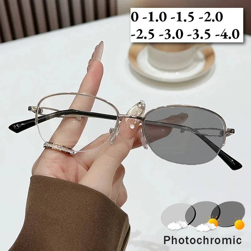 

New Fashionable Metal Semi-Rimmed Photochromic Myopia Glasses Unisex Trendy Versatile High-Definition Eyewear 0 To -4.0