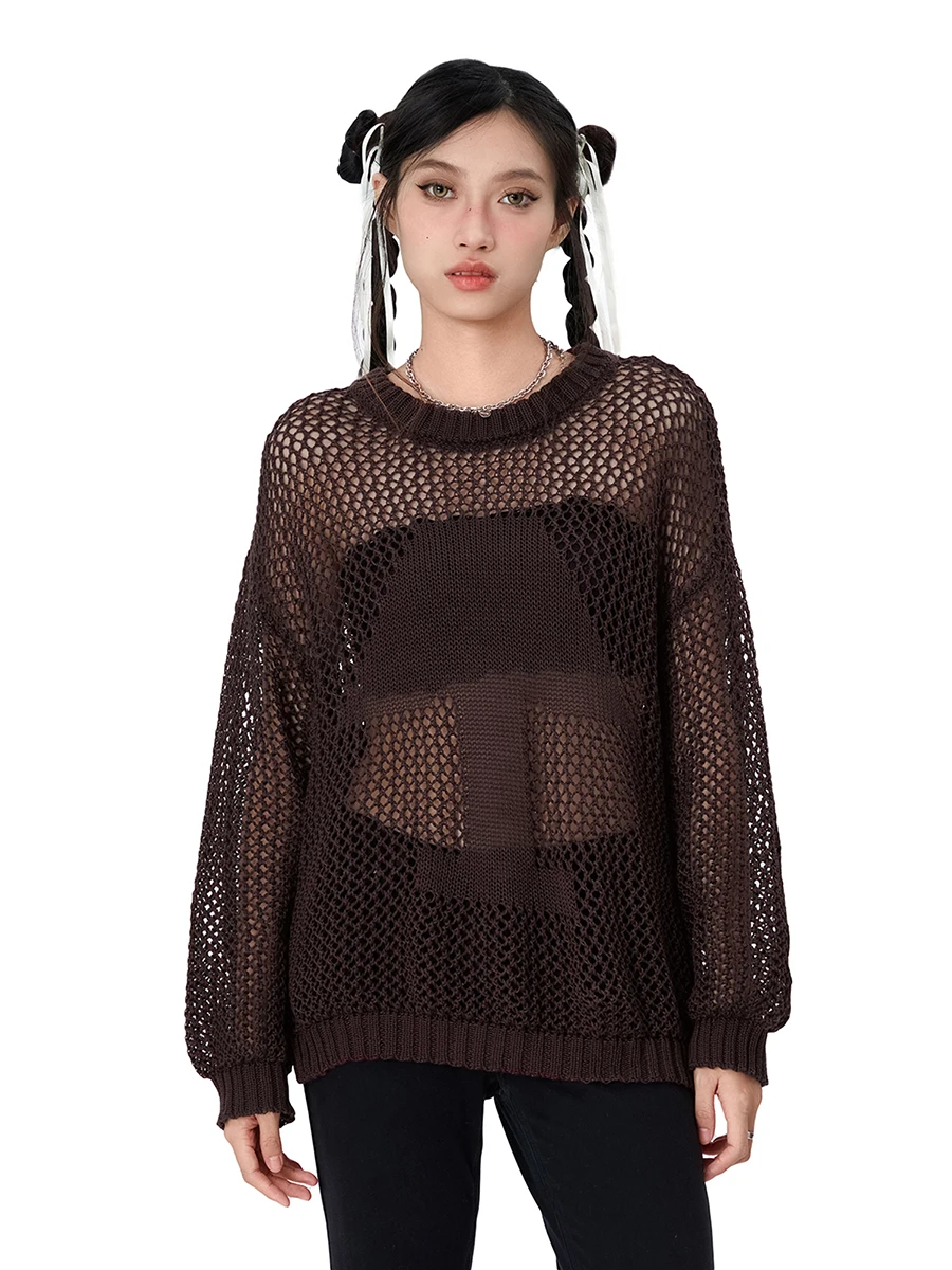 

Women Hollow Out Crochet Knit Tops Solid Color Long Sleeve Round Neck Spring Fall Sweaters Grunge Tops